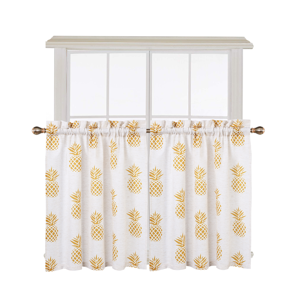 2PCS Small Window Curtains Tiers Pineapple Print Rod Pocket Curtain Set Kitchen Bathroom Bedroom Drapes