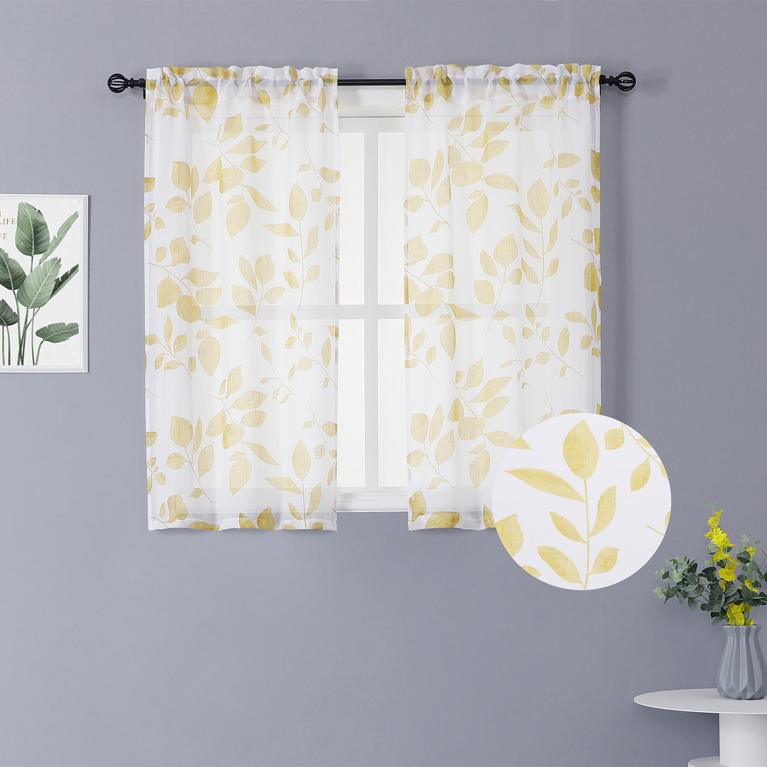 US Home Curtain Large Leaf Paint Printed Small Short Window Curtain