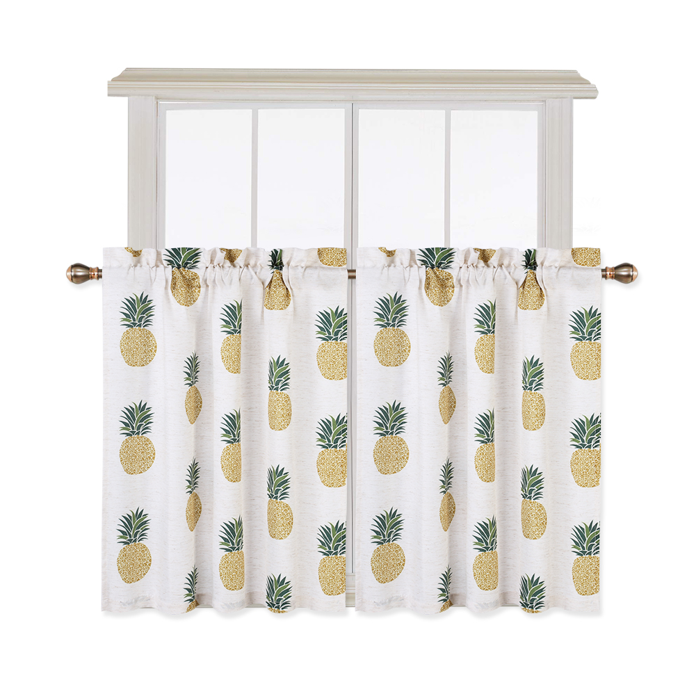 US 2pcs Small Window Curtains Tiers Pineapple Print Rod Pocket Curtain Set