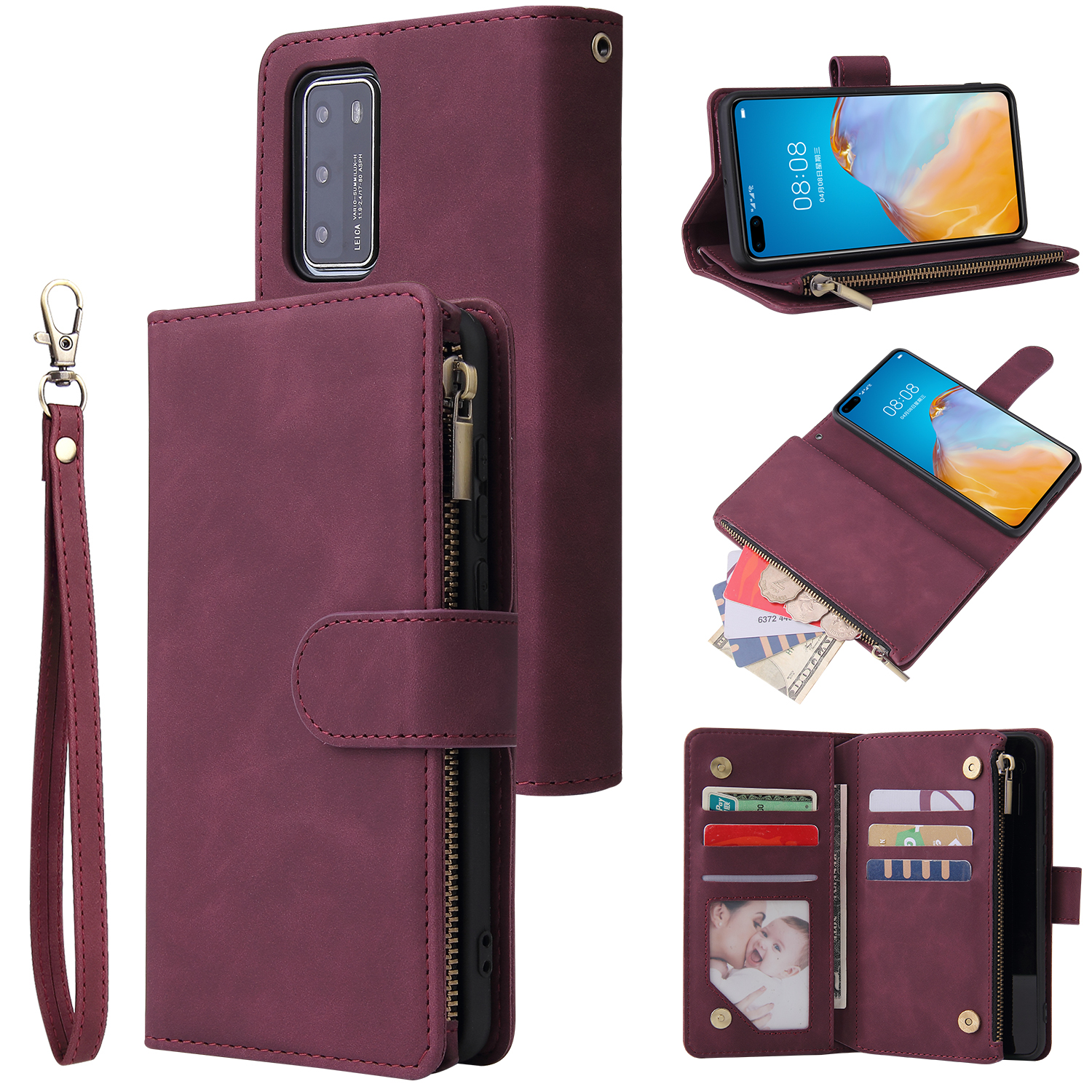 For HUAWEI P40 Case Smartphone Shell Wallet Design Zipper Closure Overall Protection Cellphone Cover  5 wine red