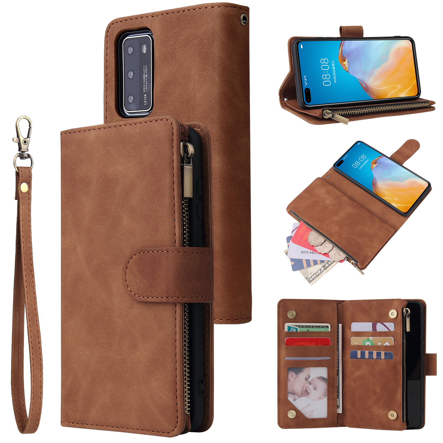 For HUAWEI P40 Case Smartphone Shell Wallet Design Zipper Closure Overall Protection Cellphone Cover  4 brown