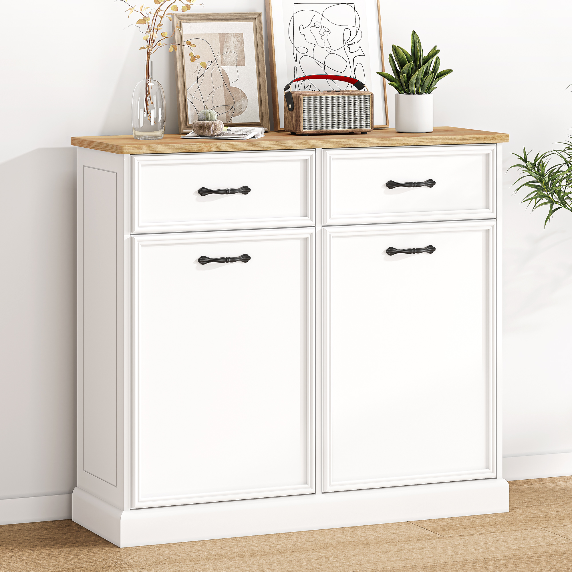 US GARVEE Double Tilt Out Trash Cabinet, Hidden Trash Can Cabinet 10 Gallon Storage Holder, Freestanding Garbage Can Cabinet for Kitchen Dining Living Room