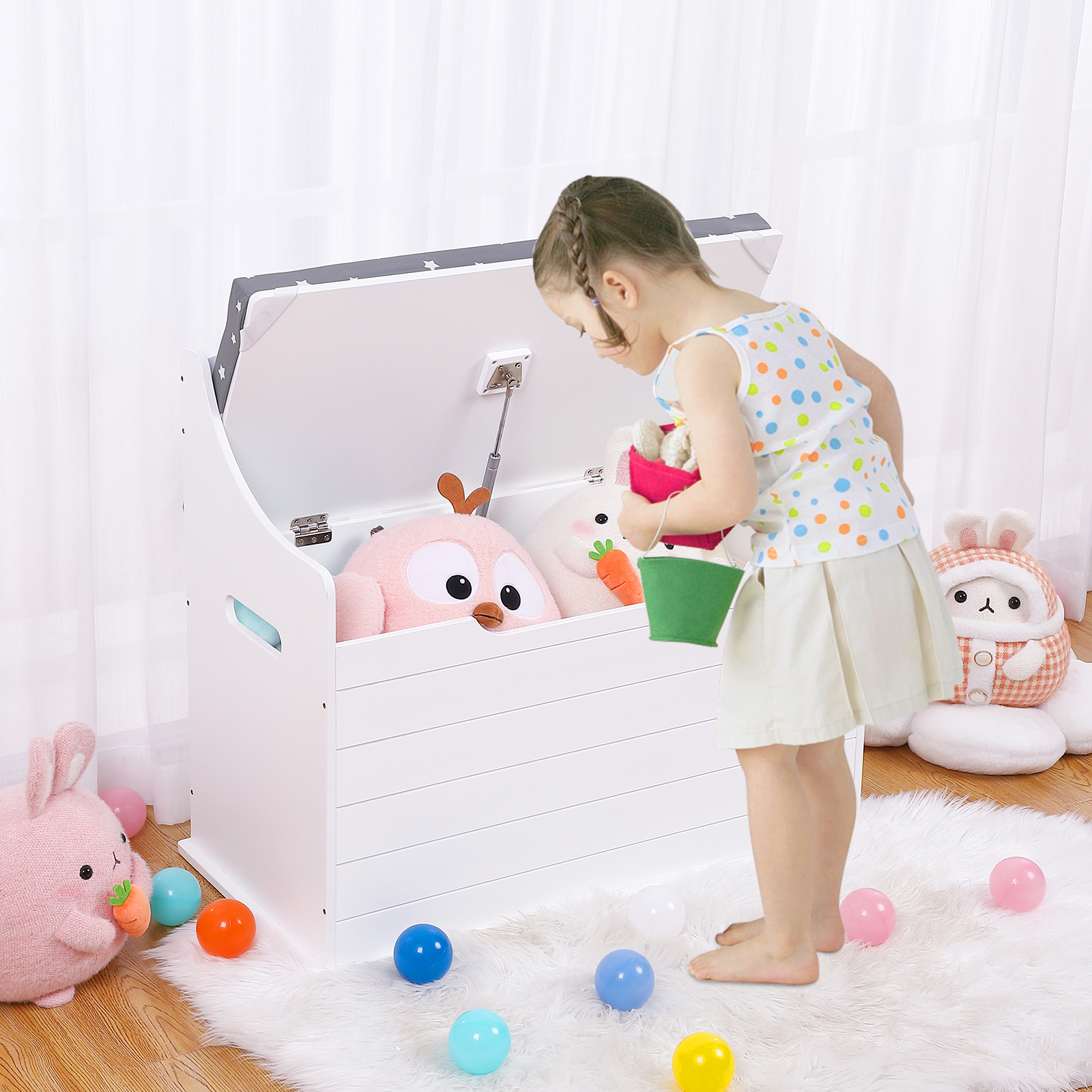 US GARVEE Wooden Toy Box Comfortable Seating Safety Hinged Lid MDF Storage Large Capacity Suitable for Kids Bedroom