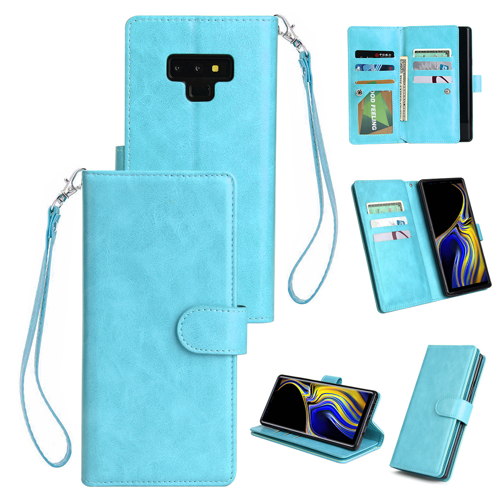 For Samsung Note 9 PU Full Protective Cover with 9 Card Slot Lanyard Bracket Buckle blue