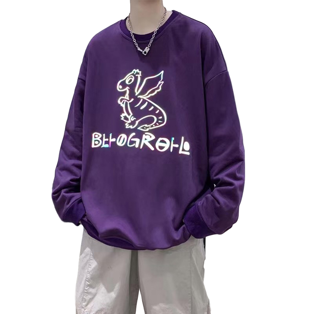 Men Sweatshirts Round Collar fashion Oversized  Small Dinosaur Print Long Sleeve Shirt Purple_M