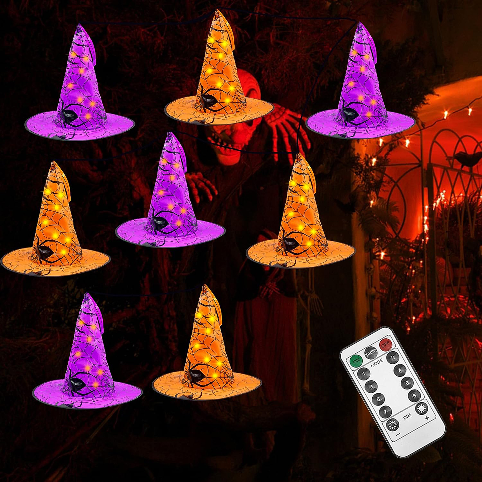 Halloween Hanging Witch Hats With Timing Function 8 Lighting Modes 5000K IP44 Waterproof Battery Powered