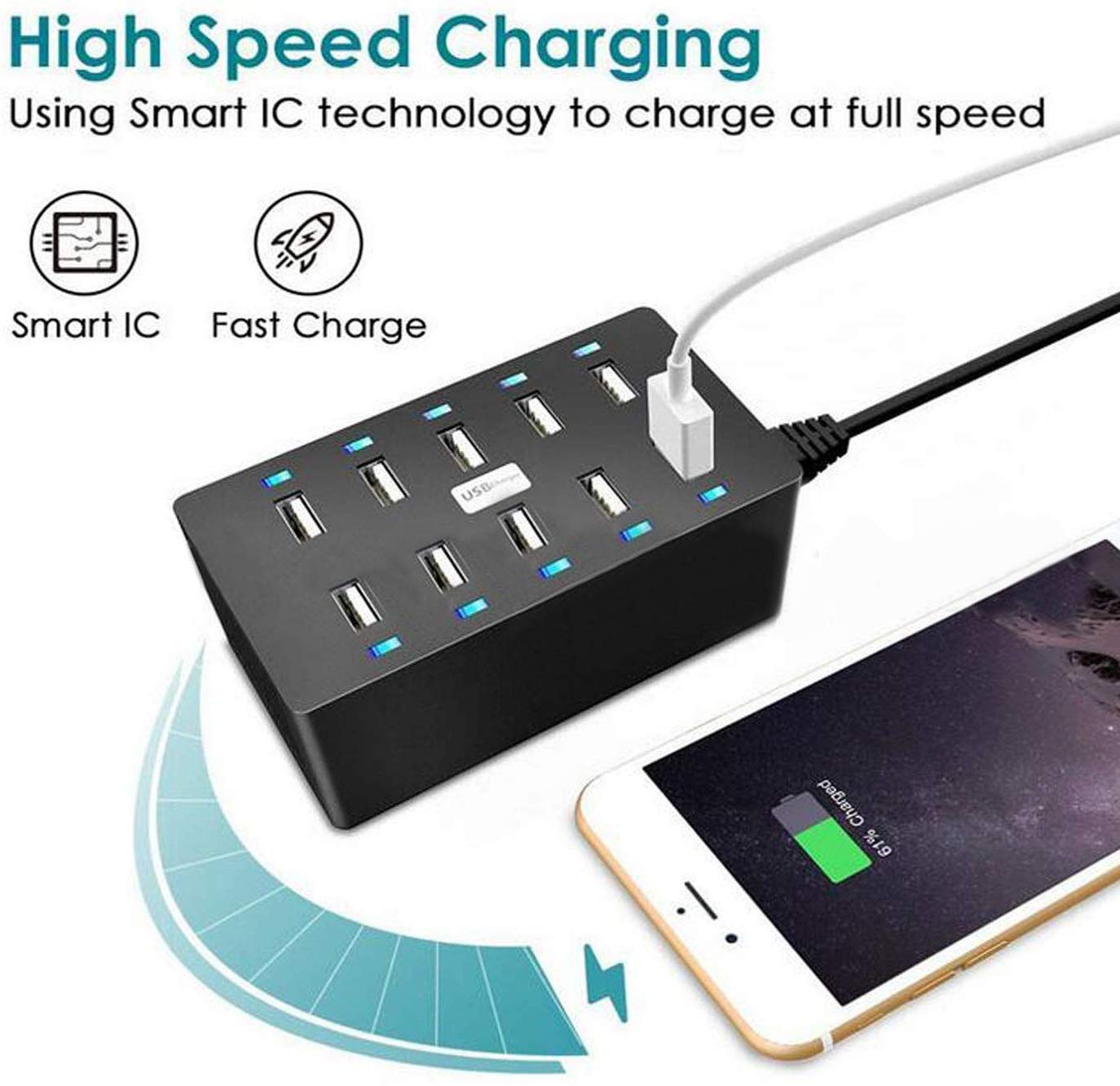 Travel Charger 10-Port USB Charging Devices Smart Detect Fast Charge ...