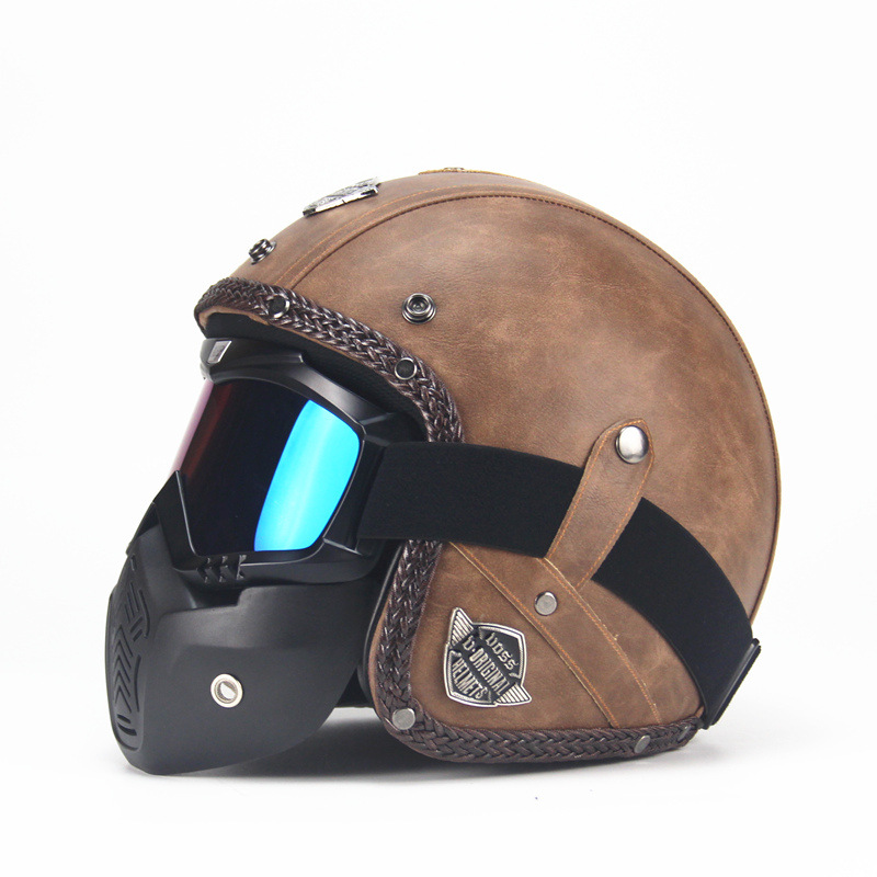 Unisex PU Leather Helmets 3/4 Motorcycle Chopper Bike Helmet Open Face Vintage Motorcycle Helmet with Goggle Mask  Light brown_XL