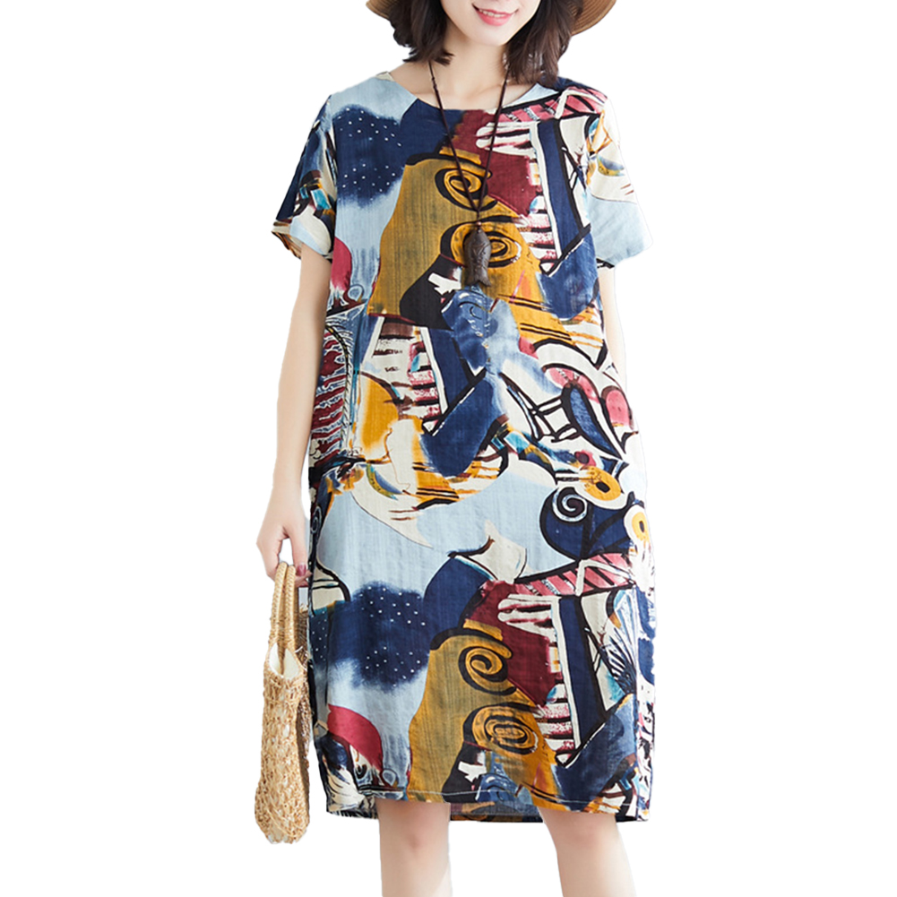 Women Vintage Printing Dress Casual Round Neck Loose Midi Skirt Short Sleeves Pullover A-line Skirt