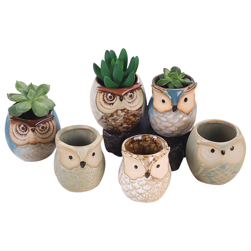 Wholesale 6pcs Ceramic Owl Plant Pot Flowing Glaze Base Creative Flower Container as Decorations
