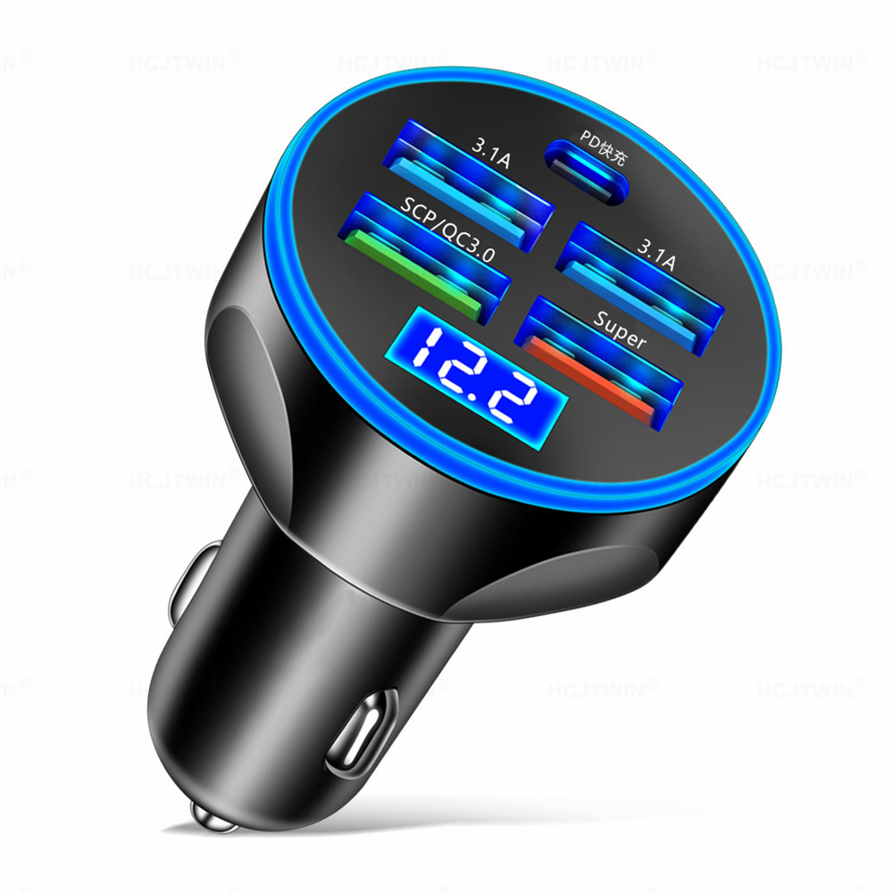 5 Port USB Car Charger With LED Light Display Voltage Monitor Fast Charging Cigarette Lighter Adapter For Smart Phone black
