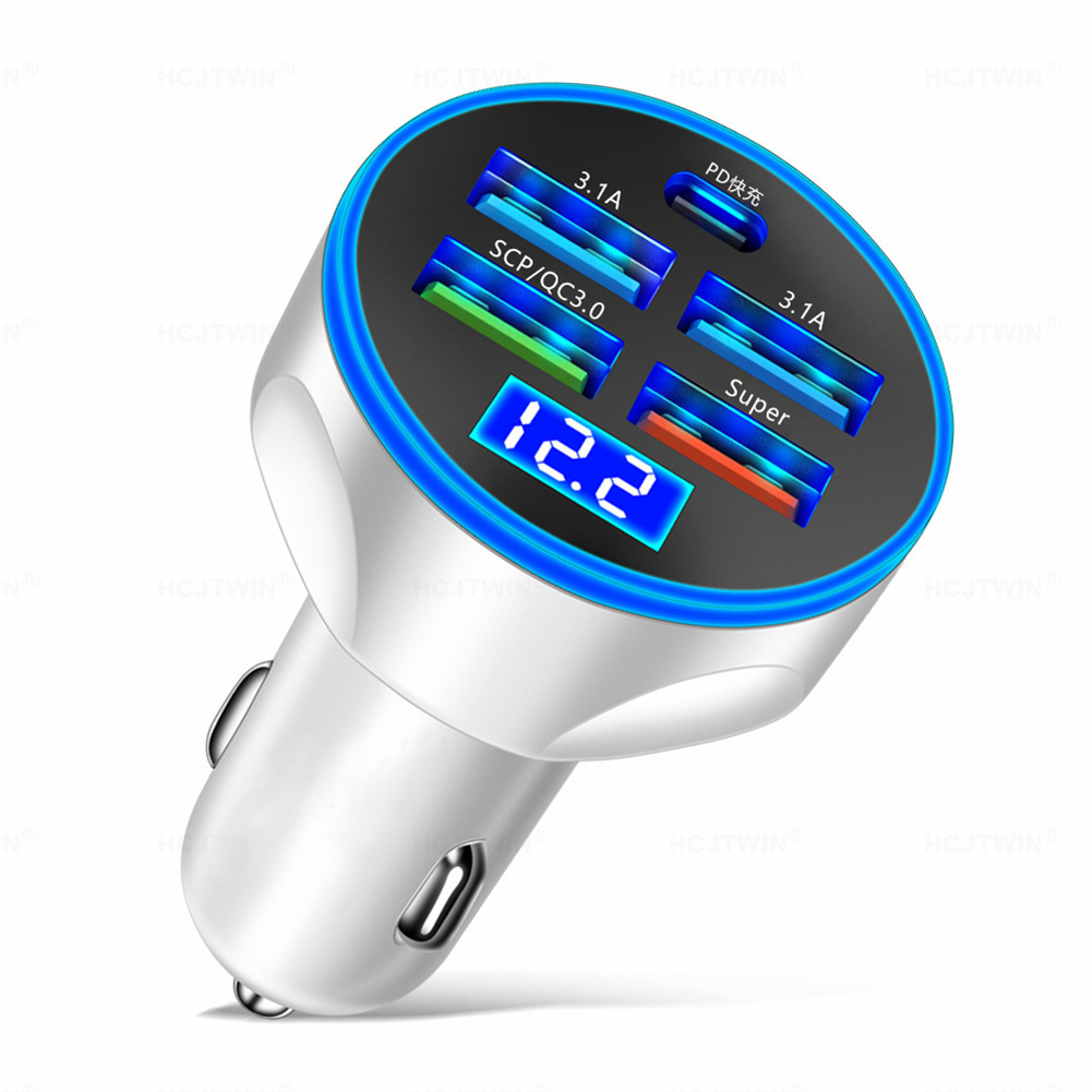 5 Port USB Car Charger With LED Light Display Voltage Monitor Fast Charging Cigarette Lighter Adapter For Smart Phone White