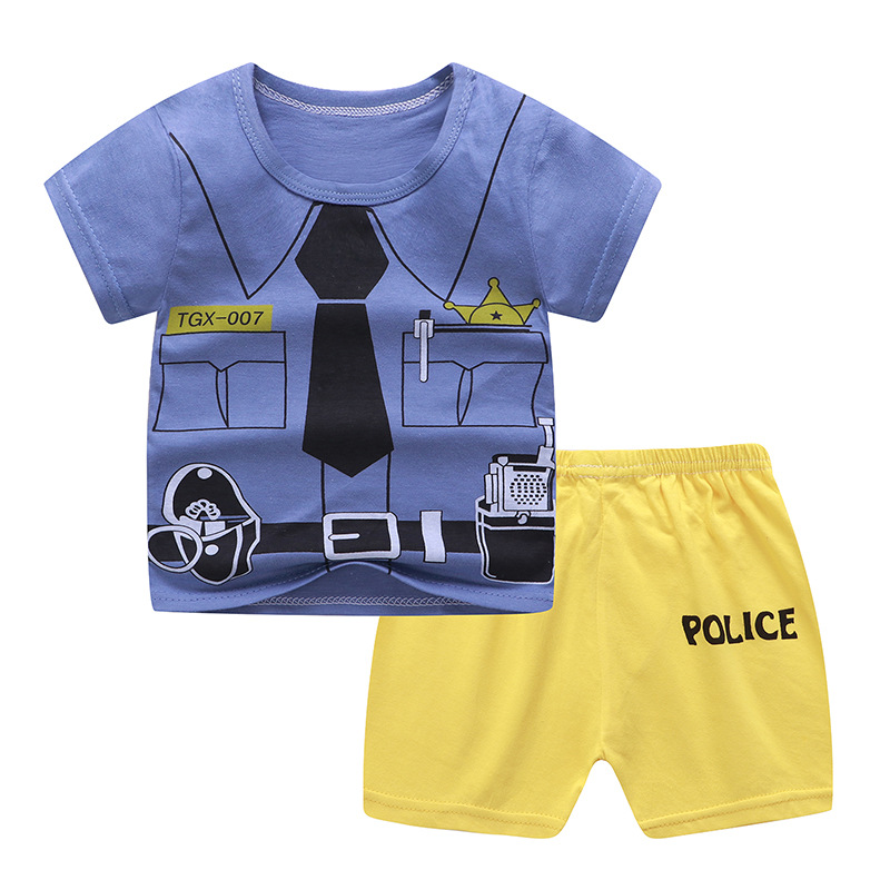 2pcs Boys Girls Cotton Pajamas Suit Summer Cute Printing Short Sleeves Shirt Shorts Two-piece Set police uniform 100cm