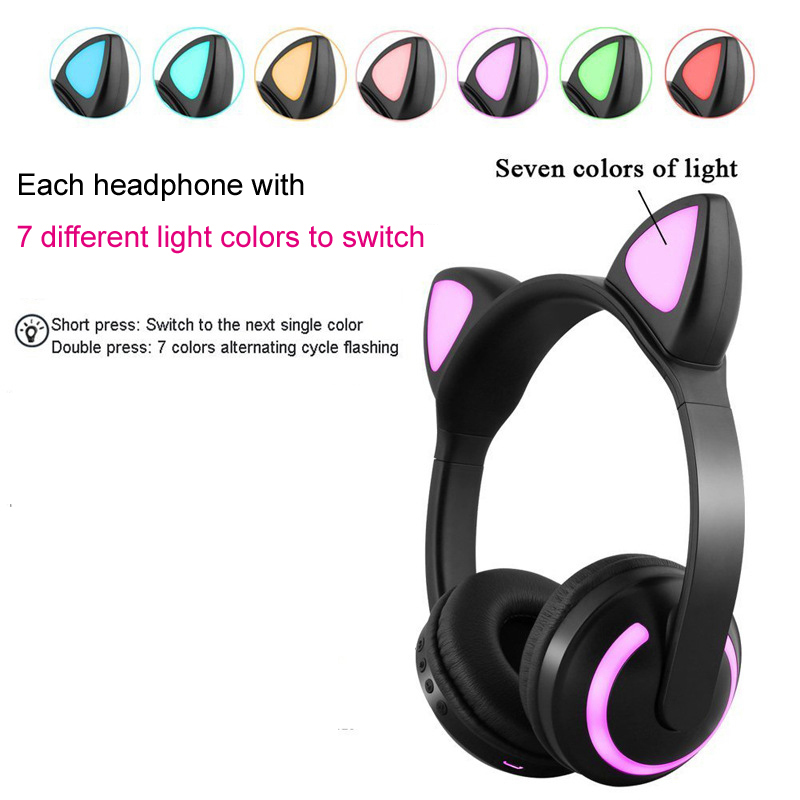 Bluetooth Stereo Cat Ear Headphones Flashing Glowing Cat Ear Headphones Gaming Headset Earphone with 7 Colors LED Light Cat ears
