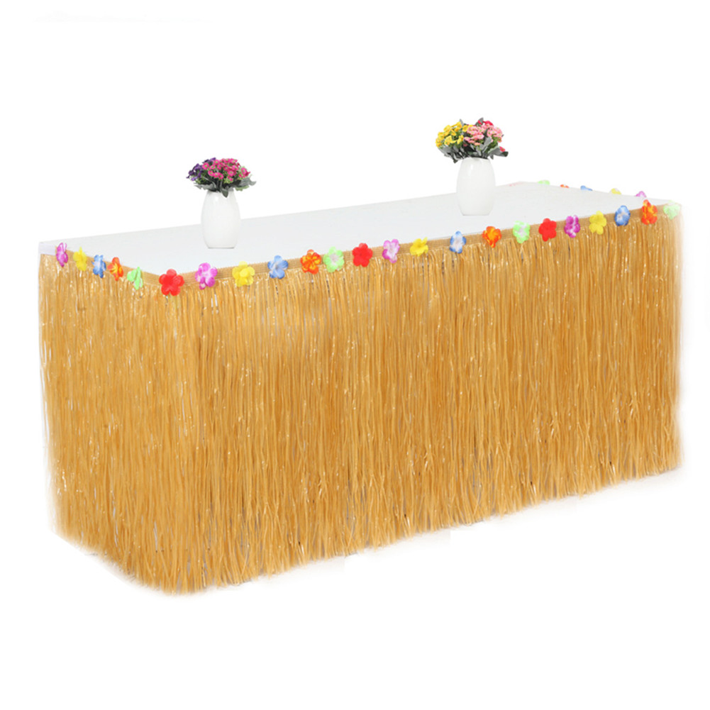 PP Artificial Grass Table Skirt Flower Inlaid Hawaiian Tropical Luau Party Tableware Decoration Orange_None