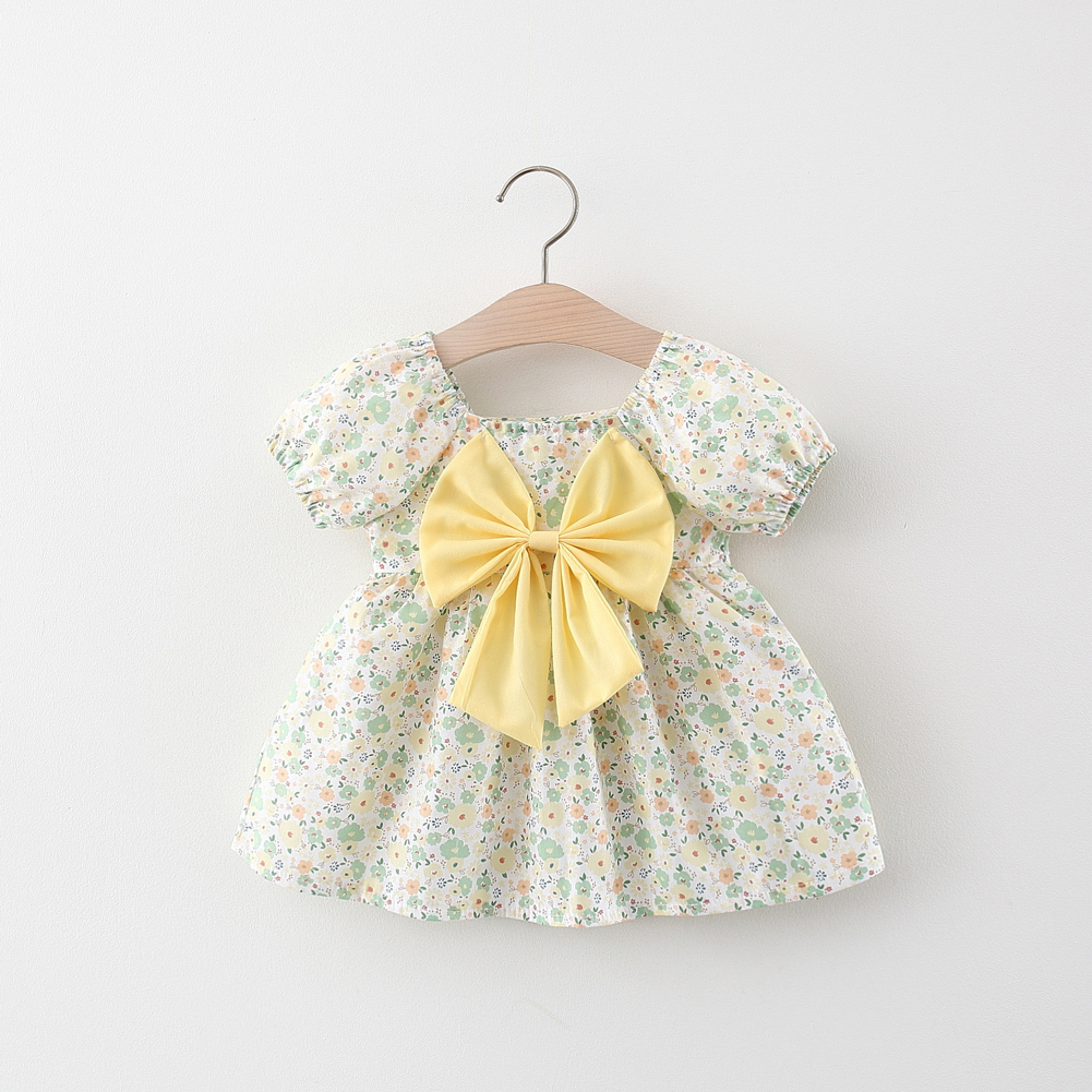 Summer Princess Dress For Girls Short Sleeves Sweet Floral Printing With Bowknot Dress For 0-4 Years Old Kids yellow 2-3Y 90cm