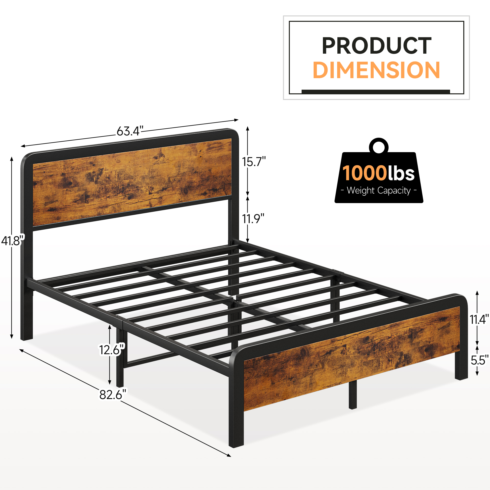 US GARVEE 14 Inch Queen Metal Platform Bed Frame + Wooden Headboard + Footboard + Mattress Foundation + No Box Spring Needed + Large Under Bed Storage + Non-Slip Without Noise + Vintage Brown