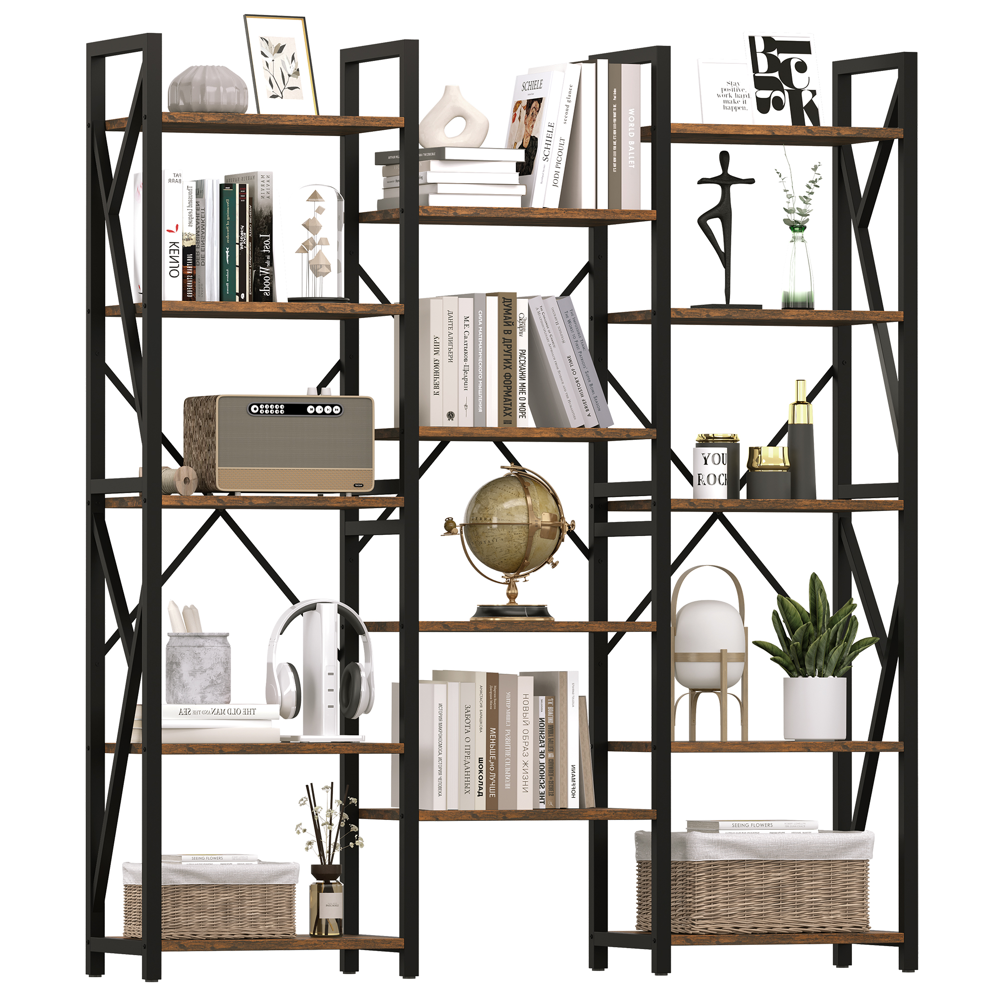 US GARVEE Triple Wide 5 Tier Bookshelf, Tall & Spacious Storage, Industrial Metal Frame, MDF Board, for Living Room, Bedroom, Home Office, Rustic Brown