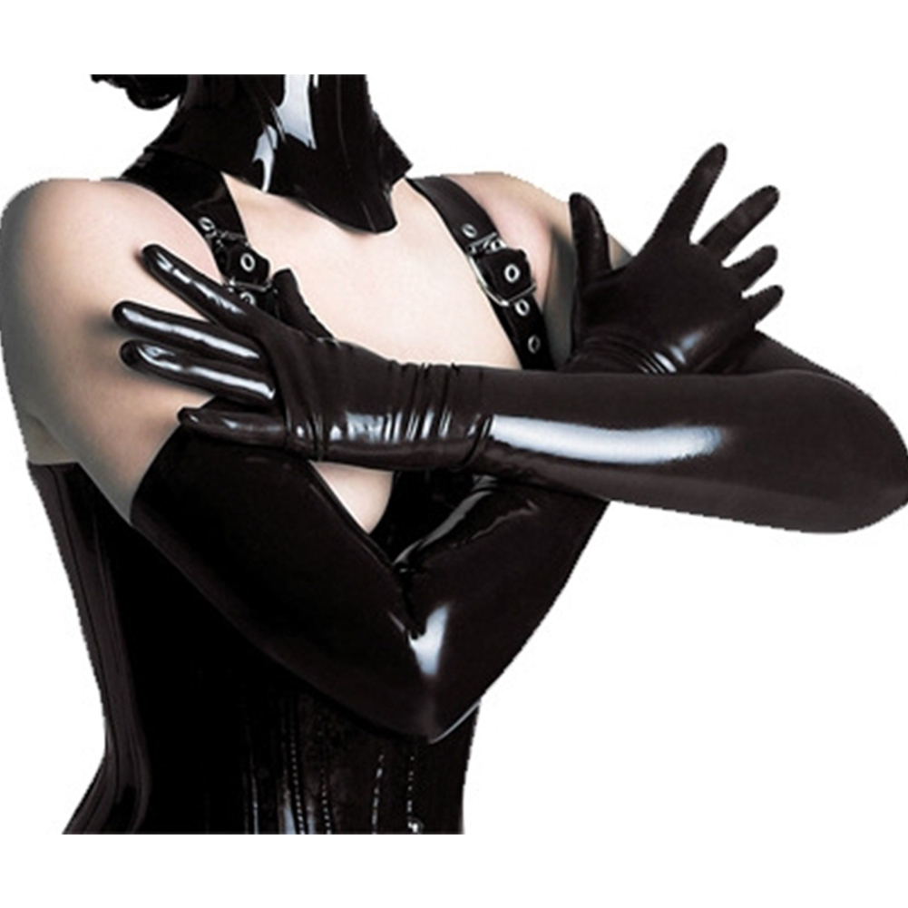 Woman Shiny Sexy Patent Leather Long Rubber Latex Gloves black_One size