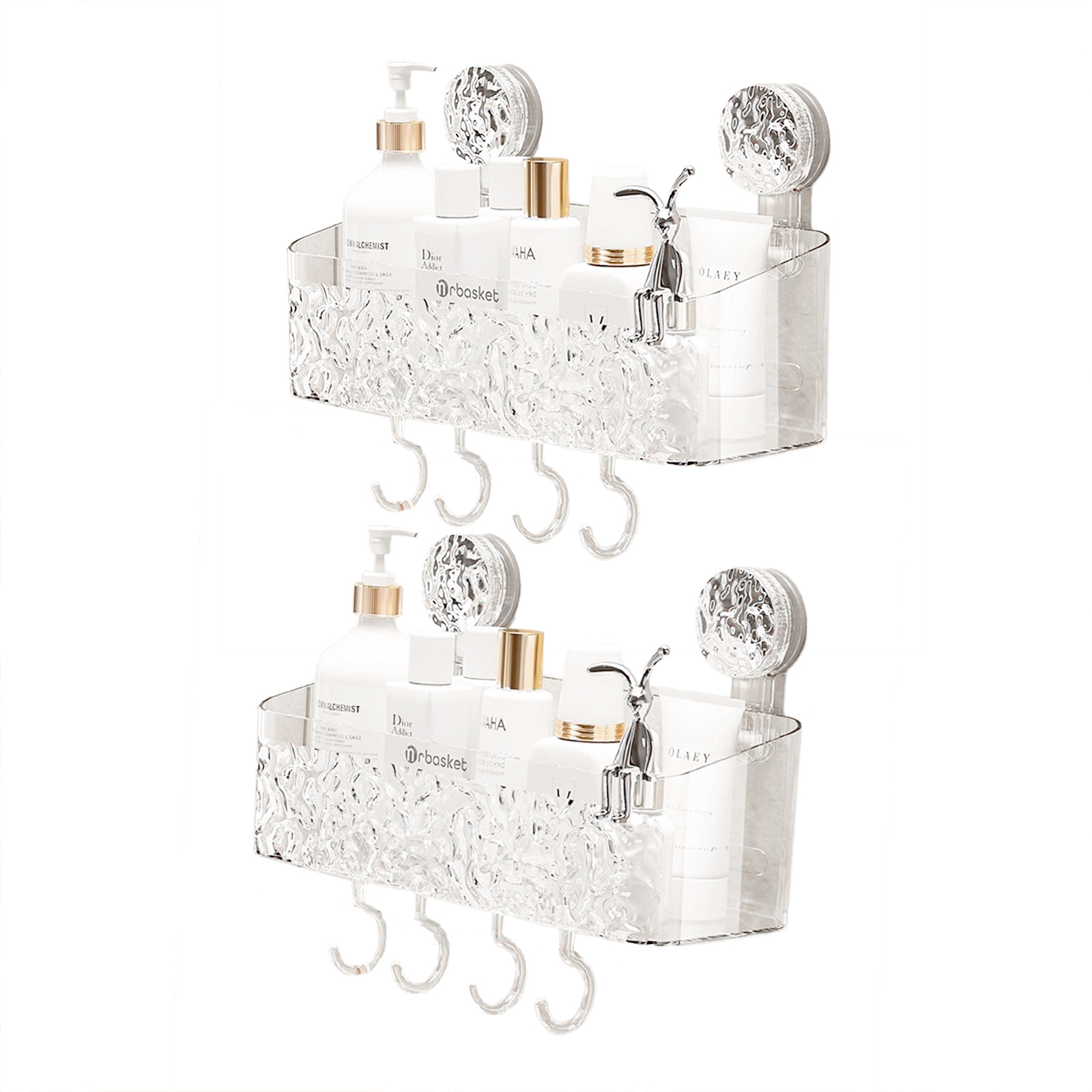Shower Caddy Suction Cup Clear Bathroom Shower Organizer Light Luxury Style Glacier Pattern Shower Dispenser Soap Organizer No Drilling Adhesive Bathroom Storage Shelves 2 Sitting Rabbit 8 hooks Large size [pack of 2]