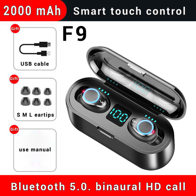 F9 Wireless Earphone Bluetooth V5.0 Handsfree Earbuds 8D Stereo Sound In-ear Headsets With 2000mAh Power Bank  black