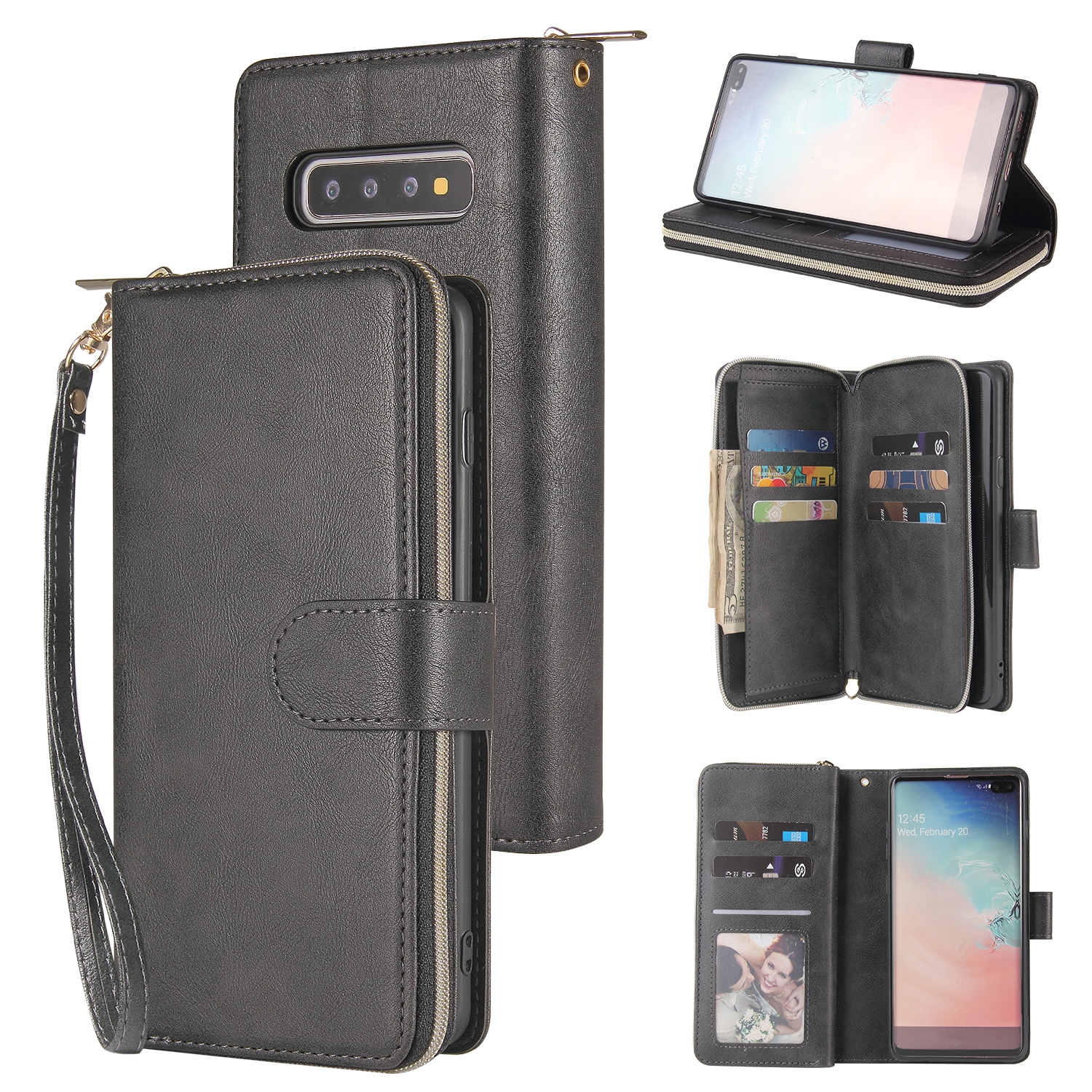 For Samsung S10/S20/S10E/ S10 Plus Pu Leather  Mobile Phone Cover Zipper Card Bag + Wrist Strap black