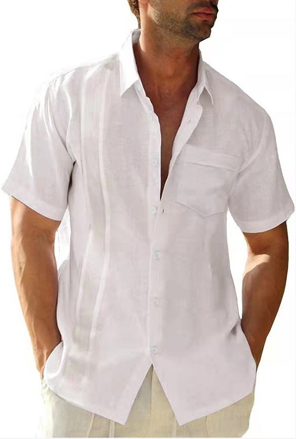 Men Short Sleeves T-shirt Fashion Classic Lapel Single-breasted Cardigan Tops Cotton Linen Casual Shirt White M