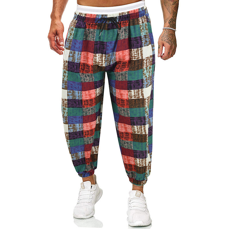 Men Yoga Pants Fashion Contrast Color Middle Waist Trousers Casual Cotton Linen Loose Large Size Pants red M