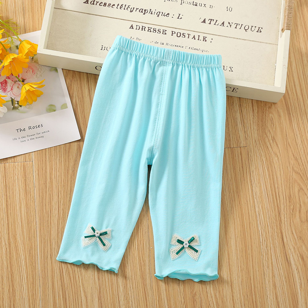 Toddlers Girls Leggings Solid Color Breathable Cotton Summer Pleated Pants Casual Kids Baby Cropped Pants blue 4-5Y 100cm