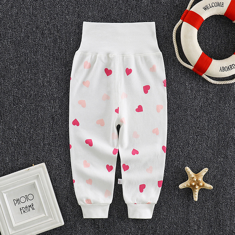 Baby Boys Girls Cotton Pants Cartoon Printing High Waist Belly Protecting Trousers For 1-3 Years Old Kids red heart-shape 3-6months S