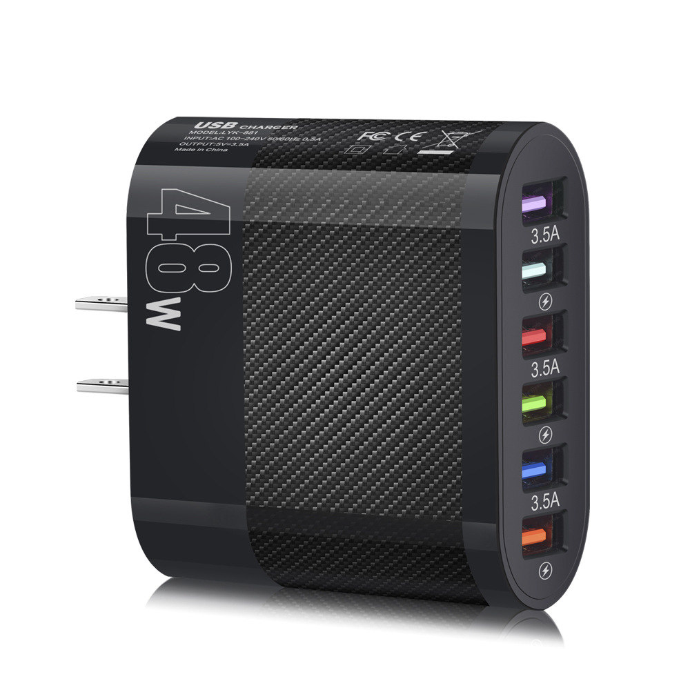 USB Wall Charger 48W 6-Port Fast Charging Block Adapter Plug Compatible For IPhone Android Tablet PC Mobile Phone black US Plug