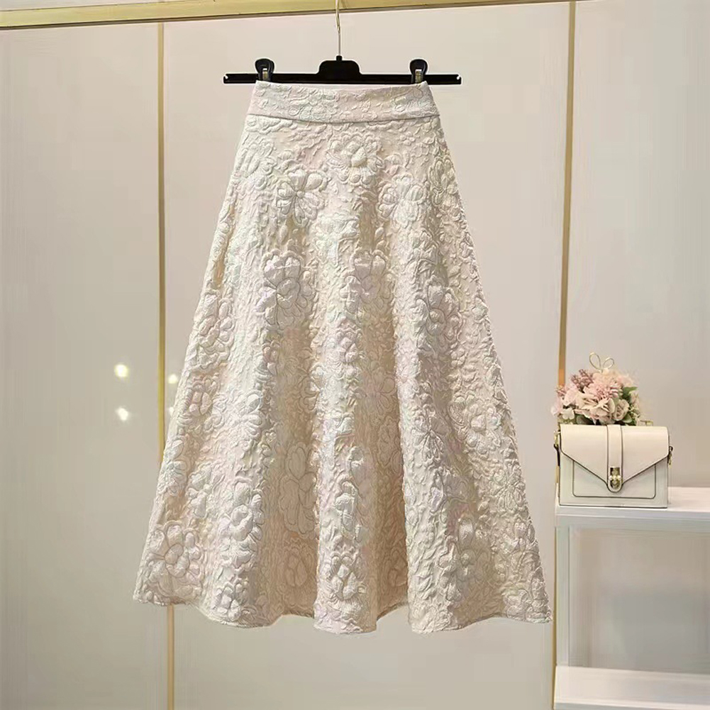 Retro High Waist Skirt For Women Elegant Hollow-out Floral Large Swing Skirt For Party Dance Performances apricot L