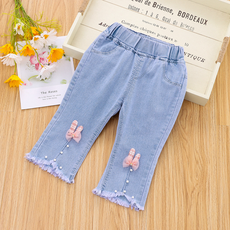 Children Cotton Jeans Summer Thin Middle Waist Pants Casual Loose Cropped Pants For 2-8 Years Old Girls rabbit 7-8Y 120cm