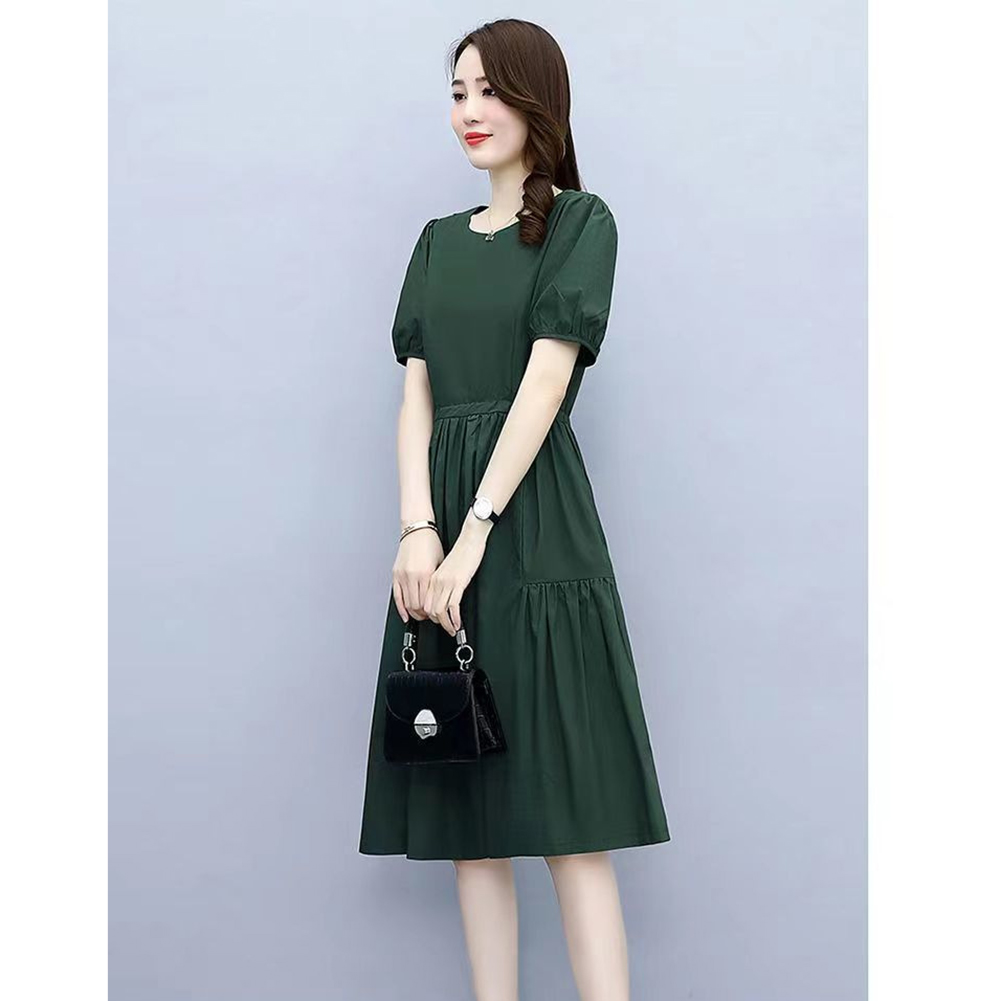 Women Short Sleeves Dress Elegant Round Neck Lace-up Pullover A-line Skirt Casual Solid Color Loose Dress green XXXL