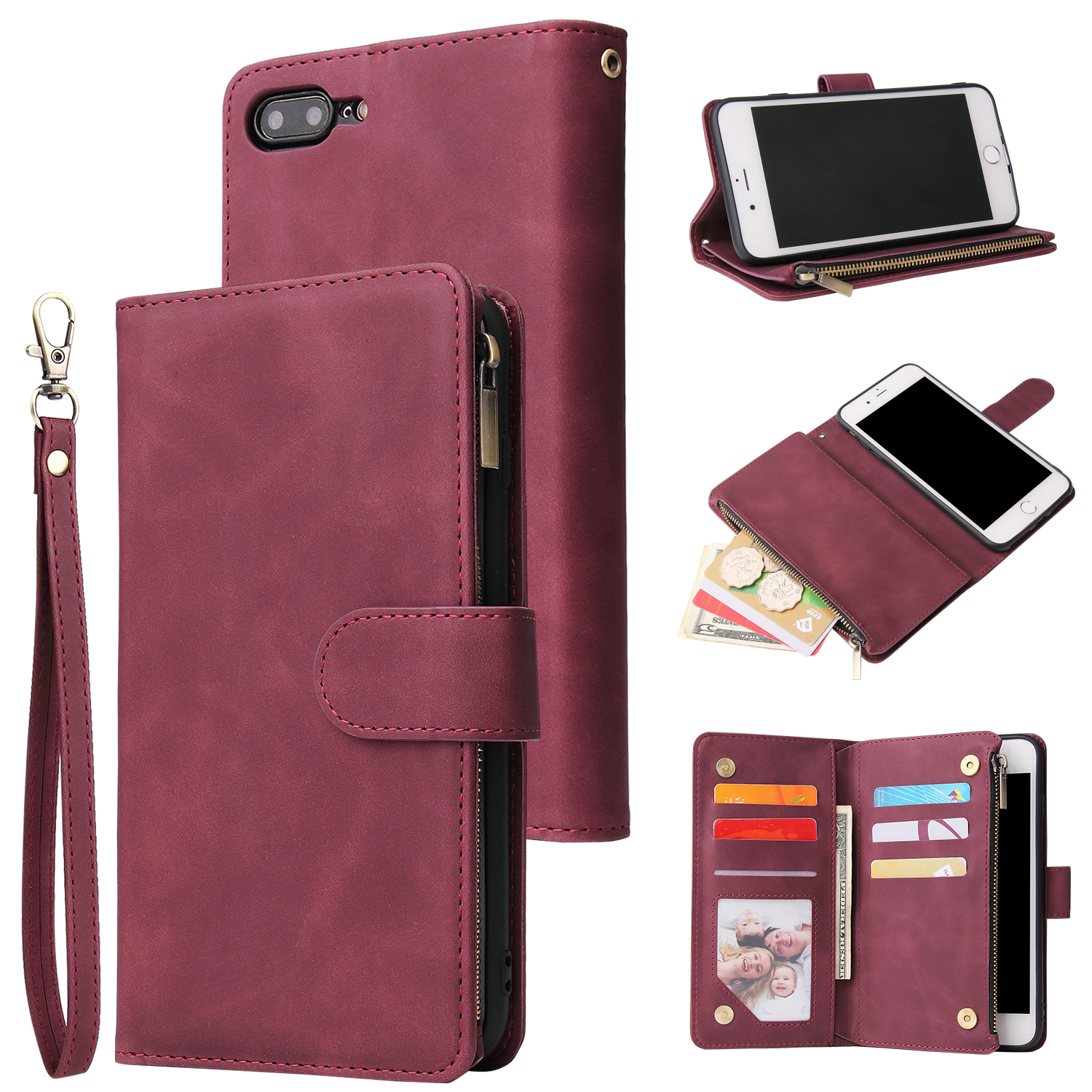 For iPhone 6 / 6S iPhone 6 plus / 6S plus iPhone 7 / 8 iPhone 7 plus / 8 plus Smart Phone Cover Coin Pocket with Cards Bracket Zipper Phone PU Leather Case Phone Cover iPhone 7 plus / 8 plus