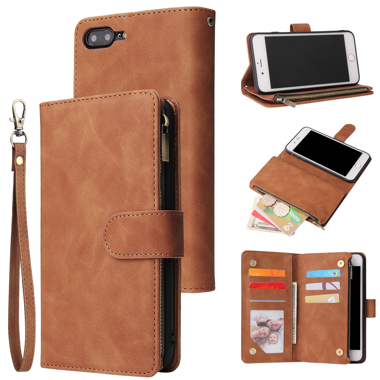 For iPhone 6 / 6S iPhone 6 plus / 6S plus iPhone 7 / 8 iPhone 7 plus / 8 plus Smart Phone Cover Coin Pocket with Cards Bracket Zipper Phone PU Leather Case Phone Cover iPhone 7 plus / 8 plus
