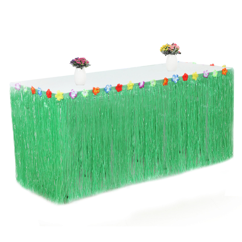 Wholesale PP Artificial Grass Table Skirt Flower Inlaid Hawaiian Tropical Luau Party Tableware