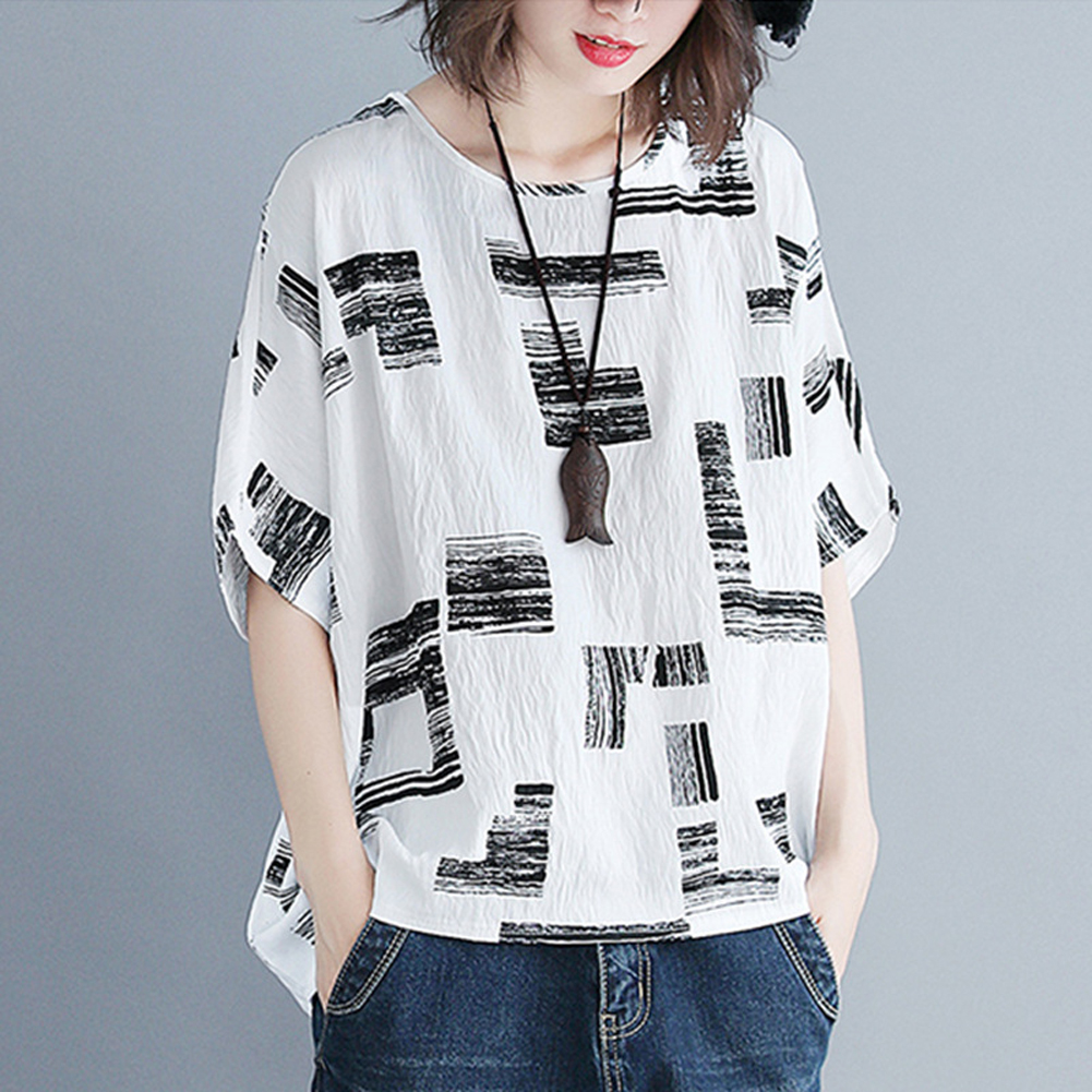 Women Large Size T-shirt Summer Short Sleeves Trendy Retro Printed Blouse Loose Casual Round Neck Tops White L