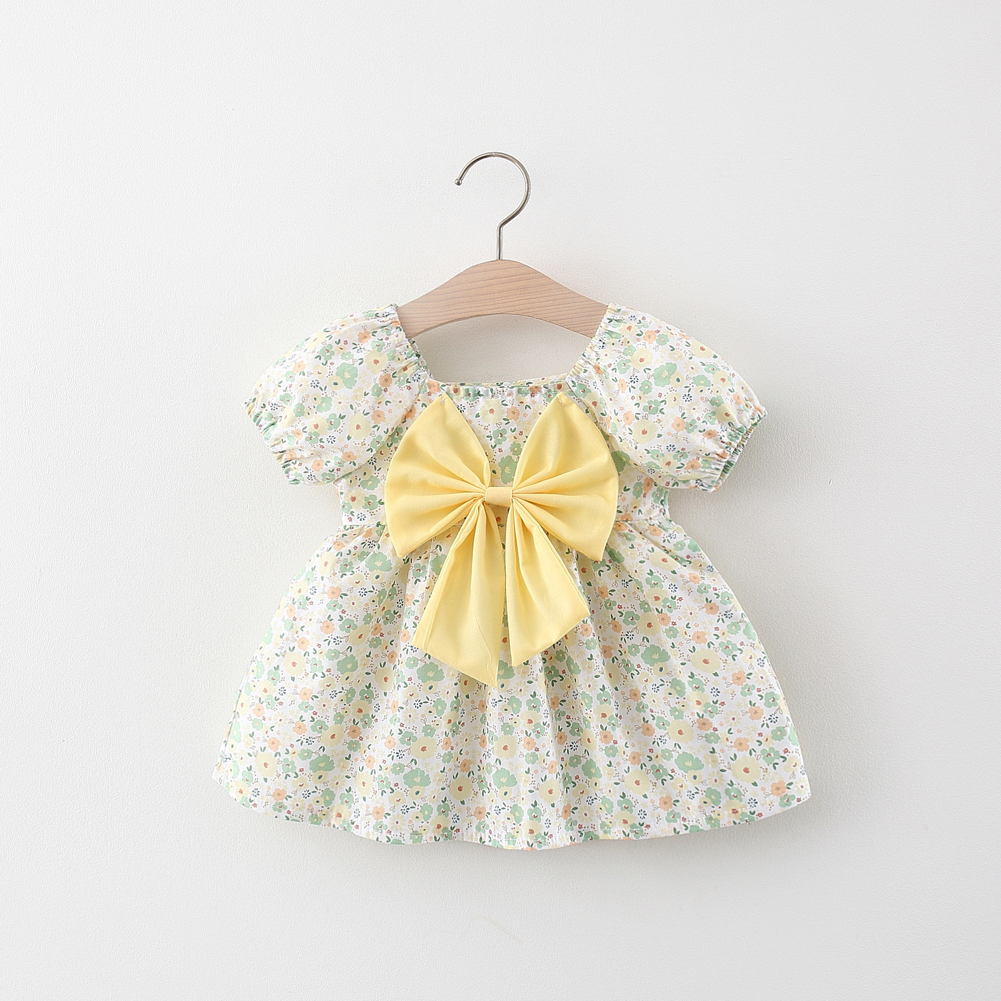 Summer Princess Dress For Girls Short Sleeves Sweet Floral Printing With Bowknot Dress For 0-4 Years Old Kids yellow 3-4Y 100cm