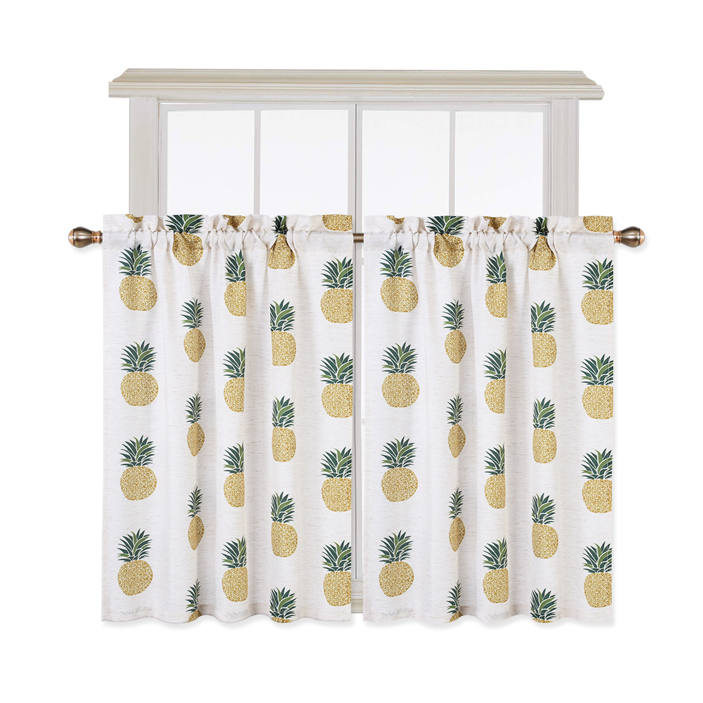 US 2pcs Small Window Curtains Tiers Pineapple Print Rod Pocket Curtain Set