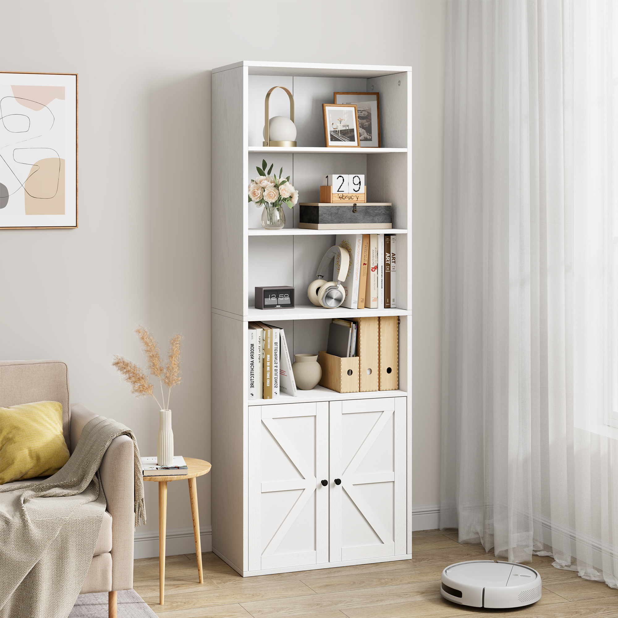 US GARVEE White Bookcase with Doors, Industrial Bookshelf, 11.8in Depth, 71.4in Tall, Wooden 6 Shelf, Farmhouse Style, for Bedroom, Living Room, Home Office