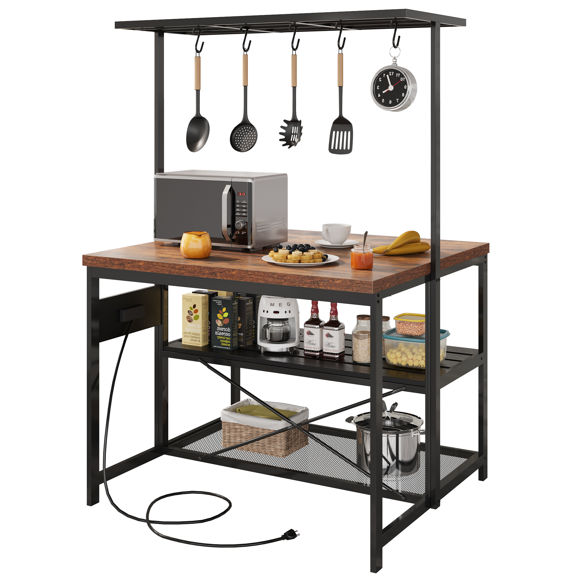 US GARVEE 47 inch Kitchen Island with Storage & Power Outlet 3-Tier Microwave Stand, Coffee Bar Table, and Bakers Rack with 5 Hooks for Kitchen, Dining and Living Rooms