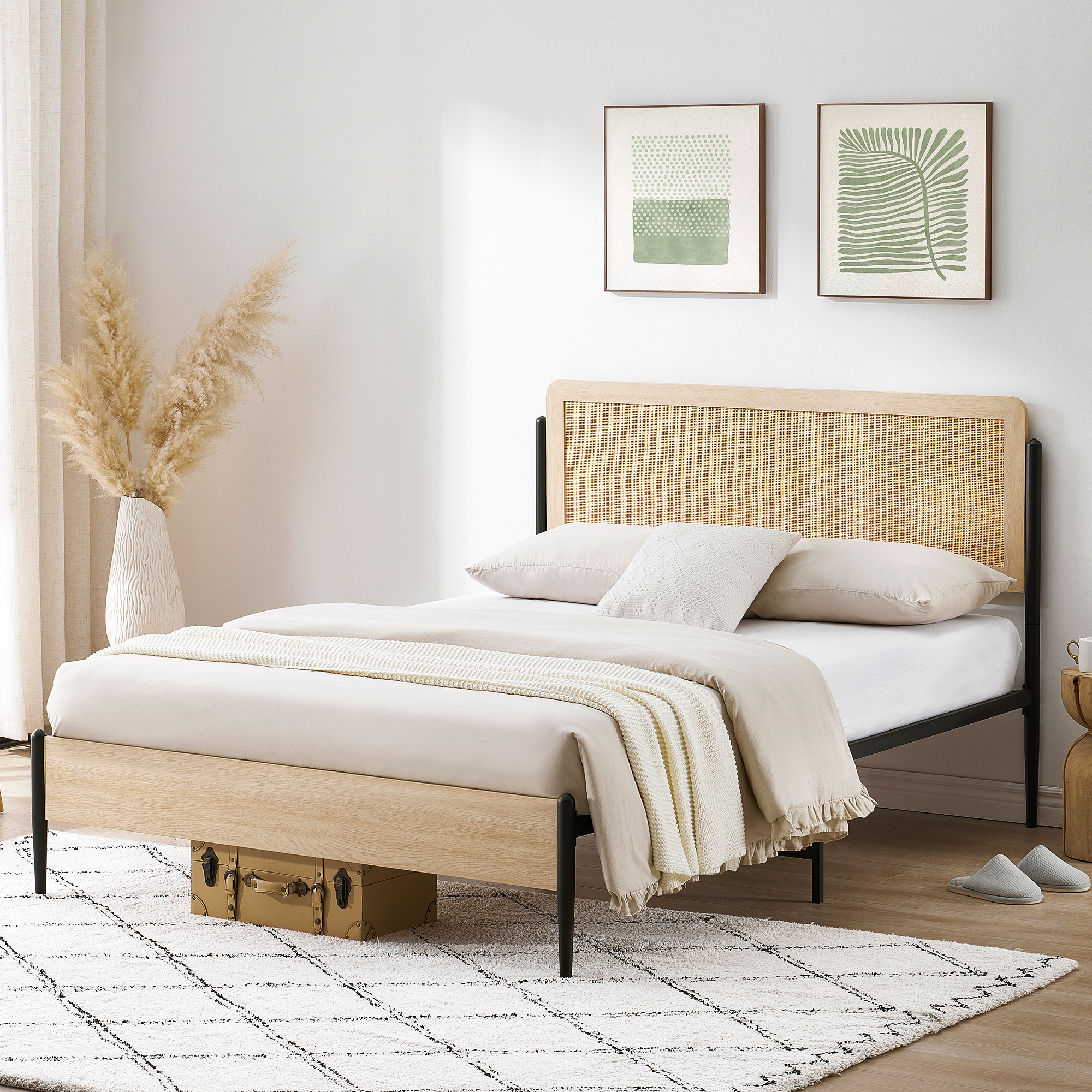 US GARVEE Queen Size Bed Frame with Rattan Headboard, Safe Rounded Corners, Strong Metal Slats, MDF Wood, Noise-Free, No Box Spring, White Oak
