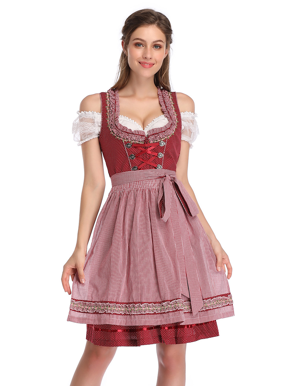 EU KOJOOIN Women's Vintage 3-Piece Oktoberfest Embroidery Dirndl Dress Burgundy Polka Dot 42