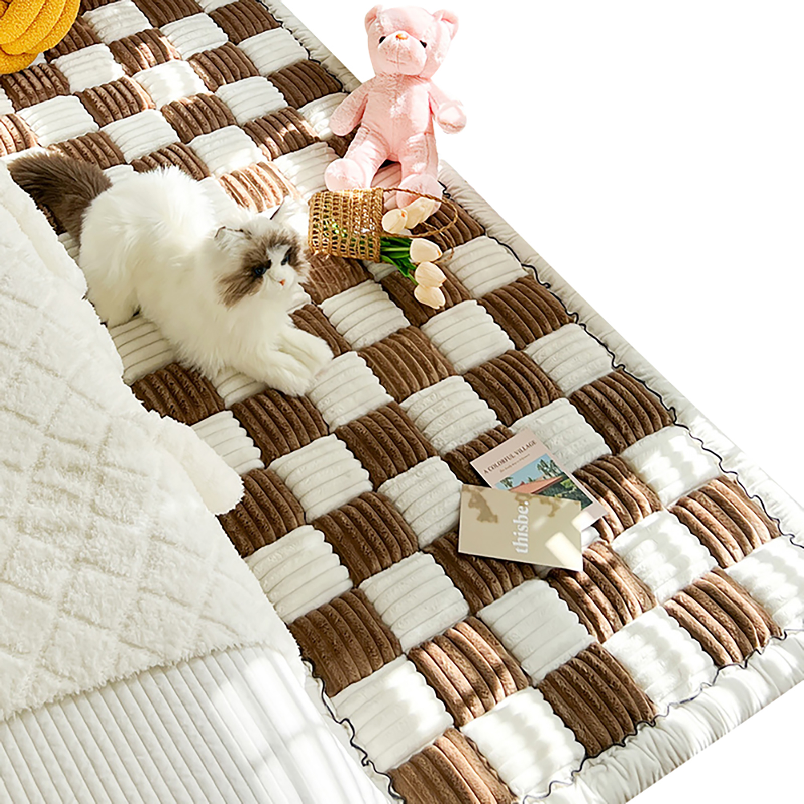 Funny Fuzzy Couch Cover Cream-Coloured Plaid Magic Sofa Protective Cover