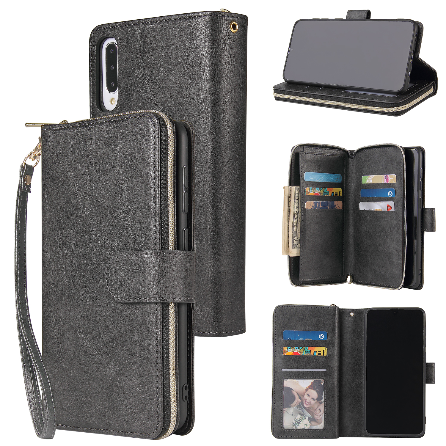 For Samsung A10/A20/A30/A50/A30S/A50S Pu Leather Mobile Phone Cover Zipper Card Bag + Wrist Strap black
