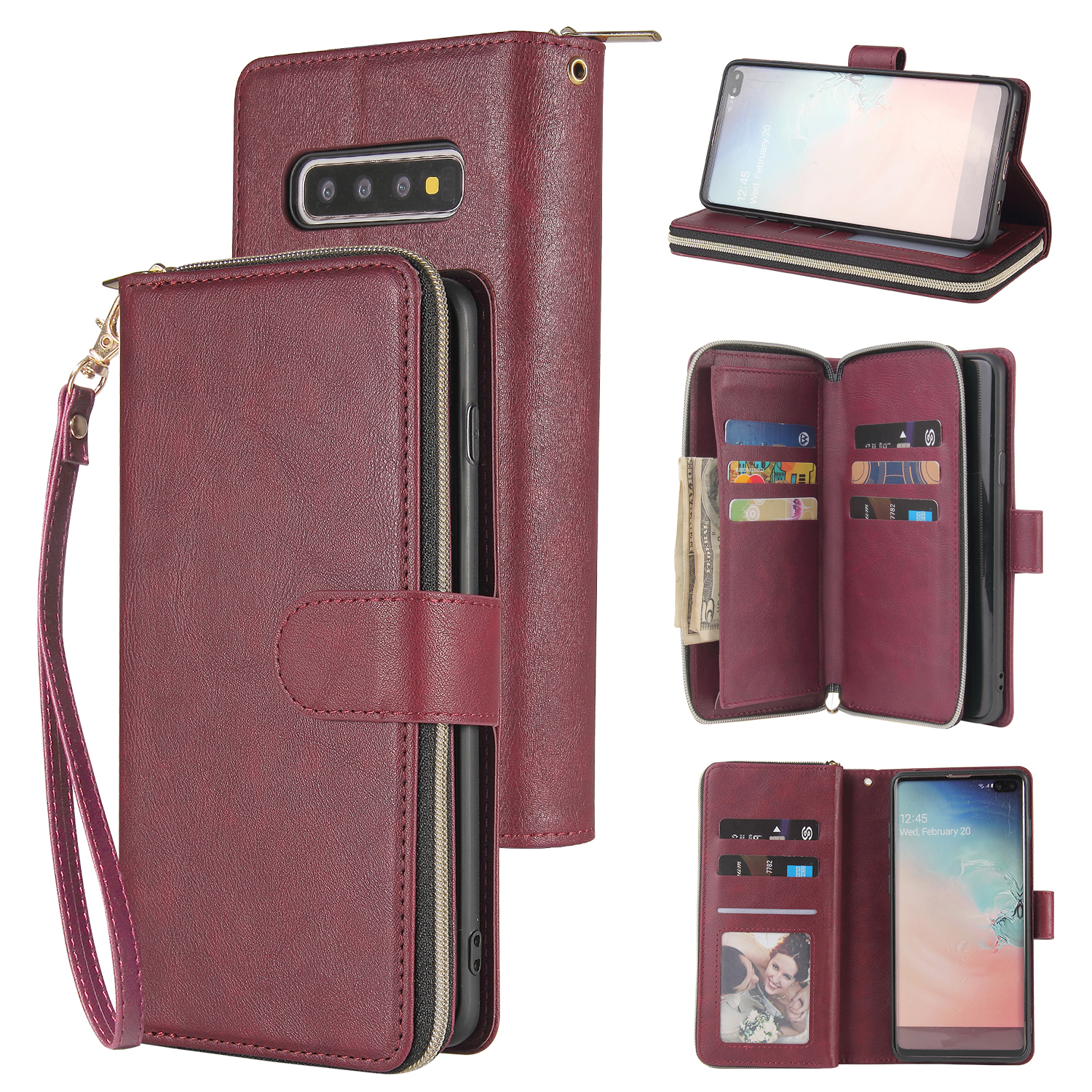 For Samsung S10/S20/S10E/ S10 Plus Pu Leather  Mobile Phone Cover Zipper Card Bag + Wrist Strap Red wine