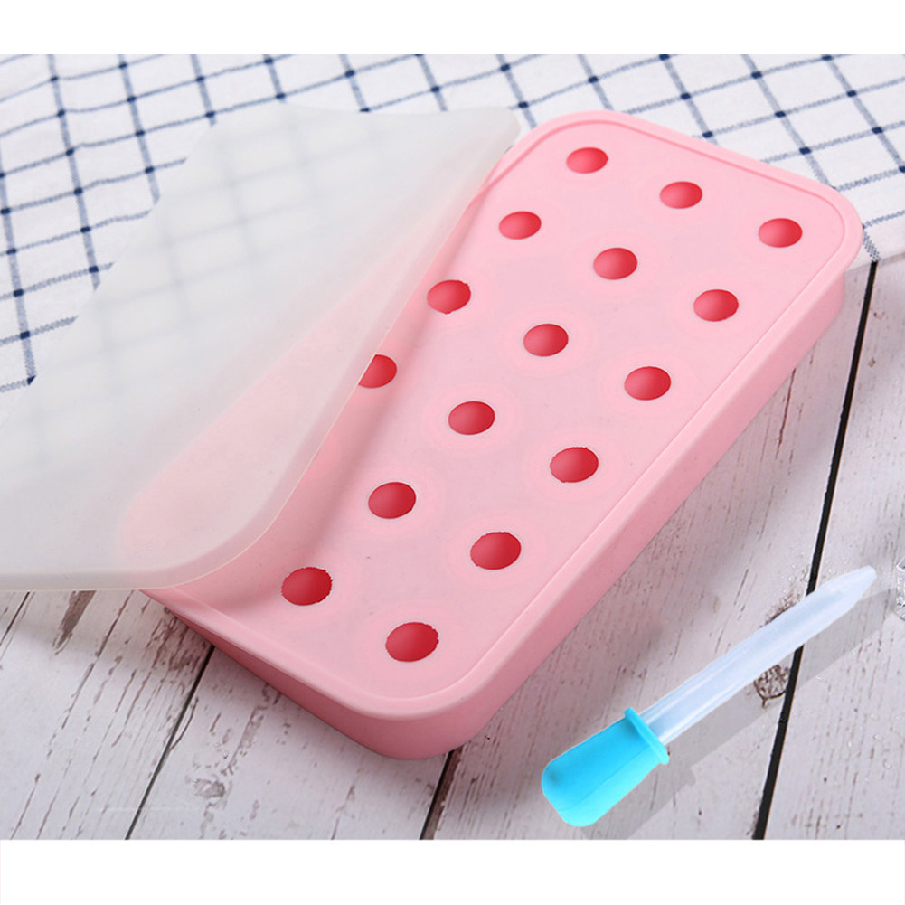 18 Grids Ice Cream Mold Silica Gel Ice Box Kitchen Bar Homemade Ice Hockey Ball Moulds 20mm waterdrop pink + dropper