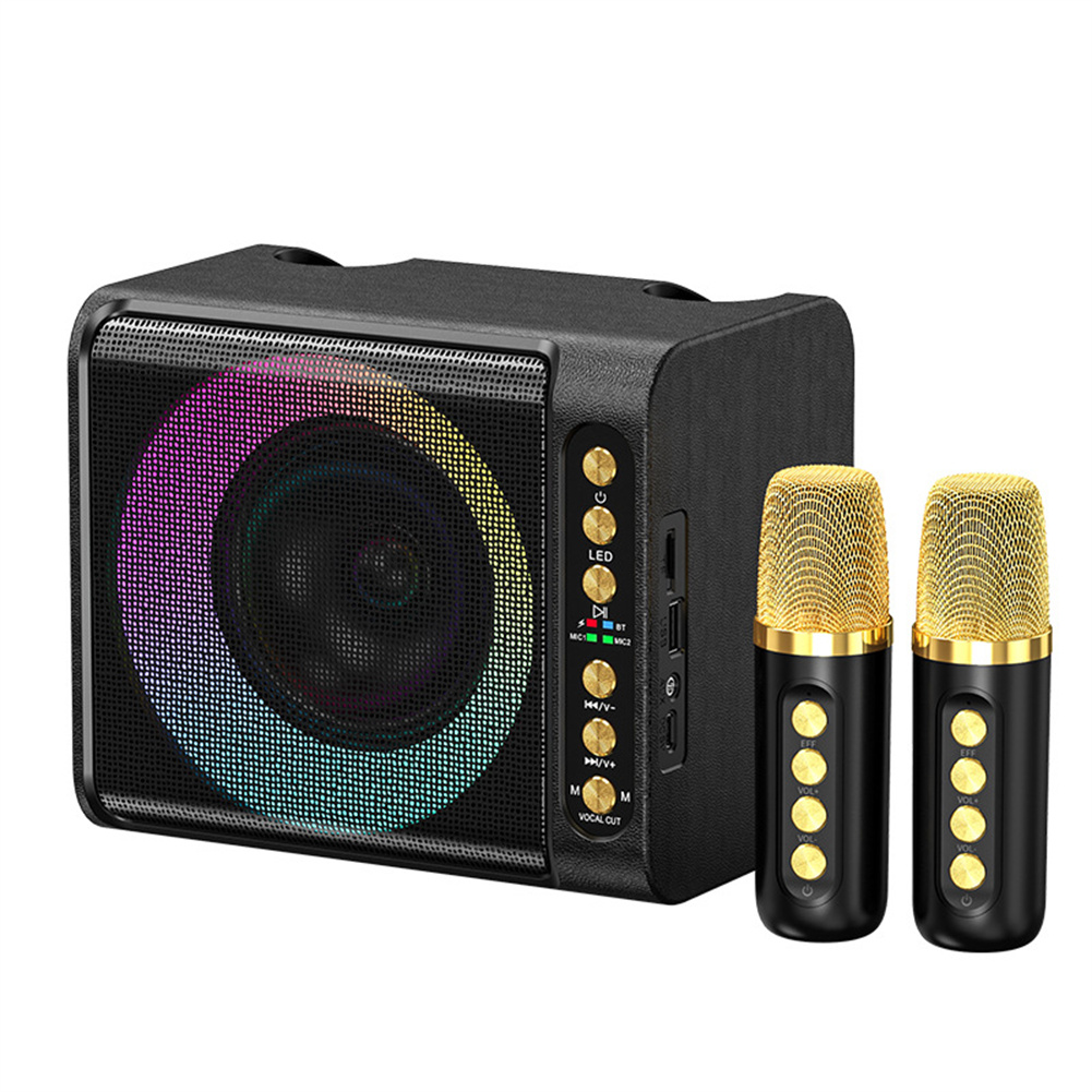 T203 Karaoke Machine With 2 Microphones TF Card U Disk Player Portable Speaker Studio Subwoofer For Outdoor Party Meeting black