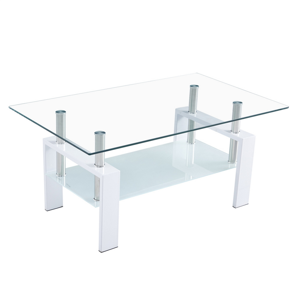 US Dining Table Double-layer Tempered Glass Coffee Table White